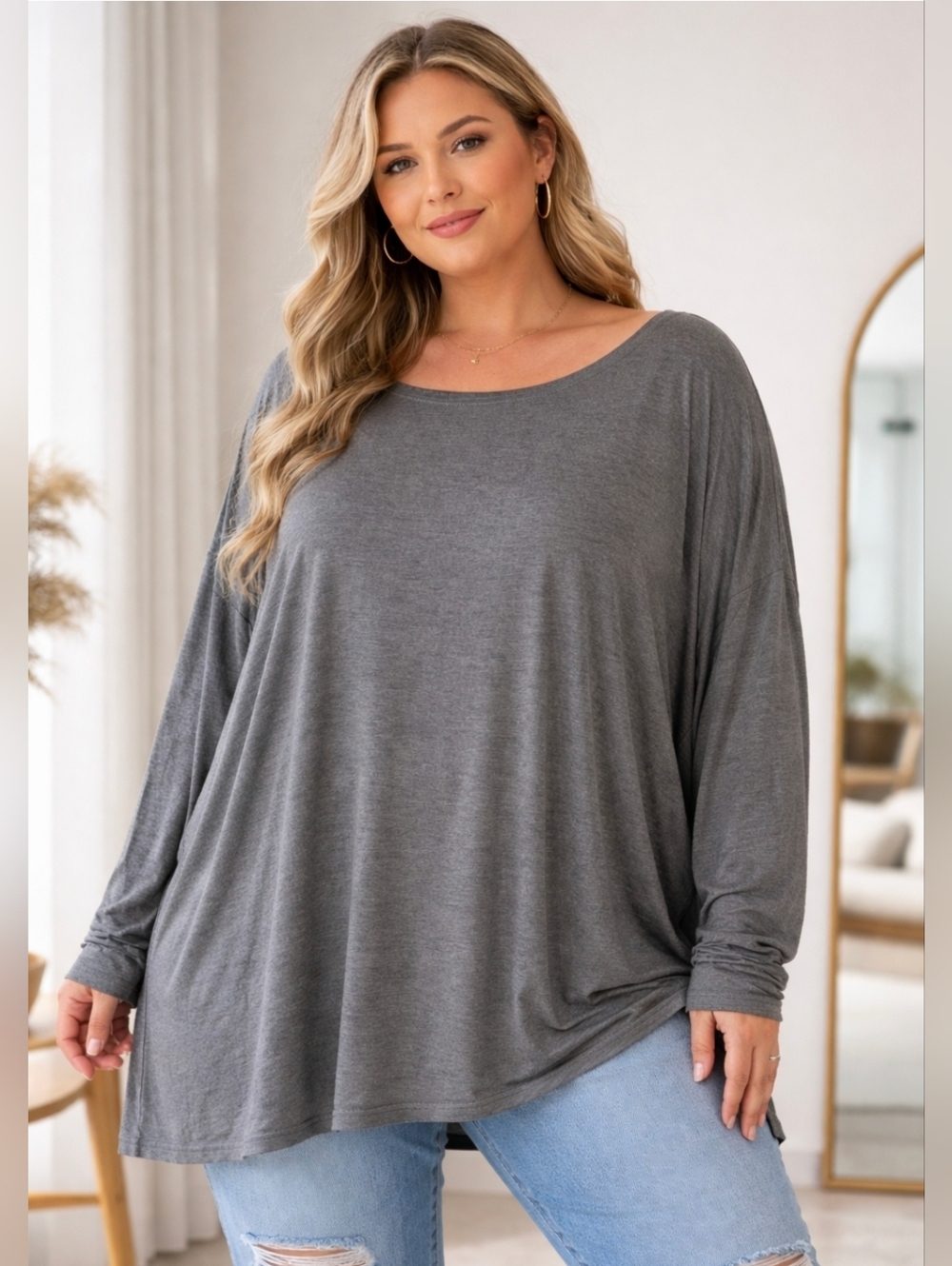 Piko 1988 Gray Oversized Top Long Sleeve Shirt Size Large L Flowy Casual Stretch